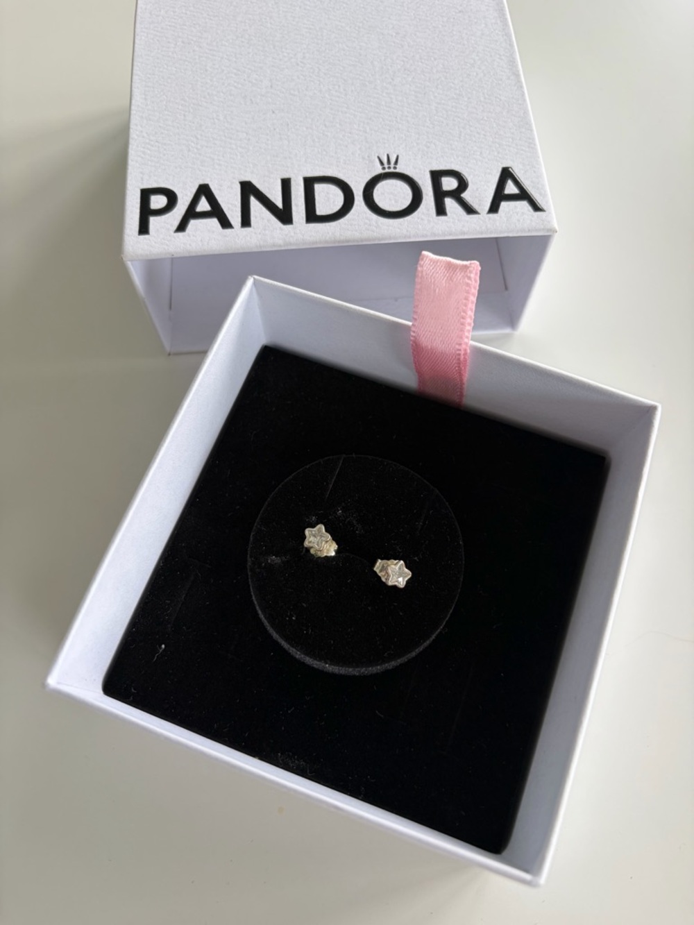Pandora Silver Star Stud Earrings with Pink Ribbon Box Accent
